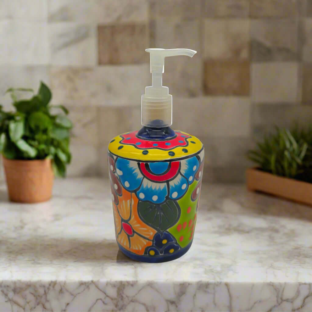 Talavera Floral Soap Pump | Hand - Painted Mexican Ceramic Talavera Soap Dispenser La Vie Bien Talavera Floral Soap Pump | Hand - Painted Mexican Ceramic