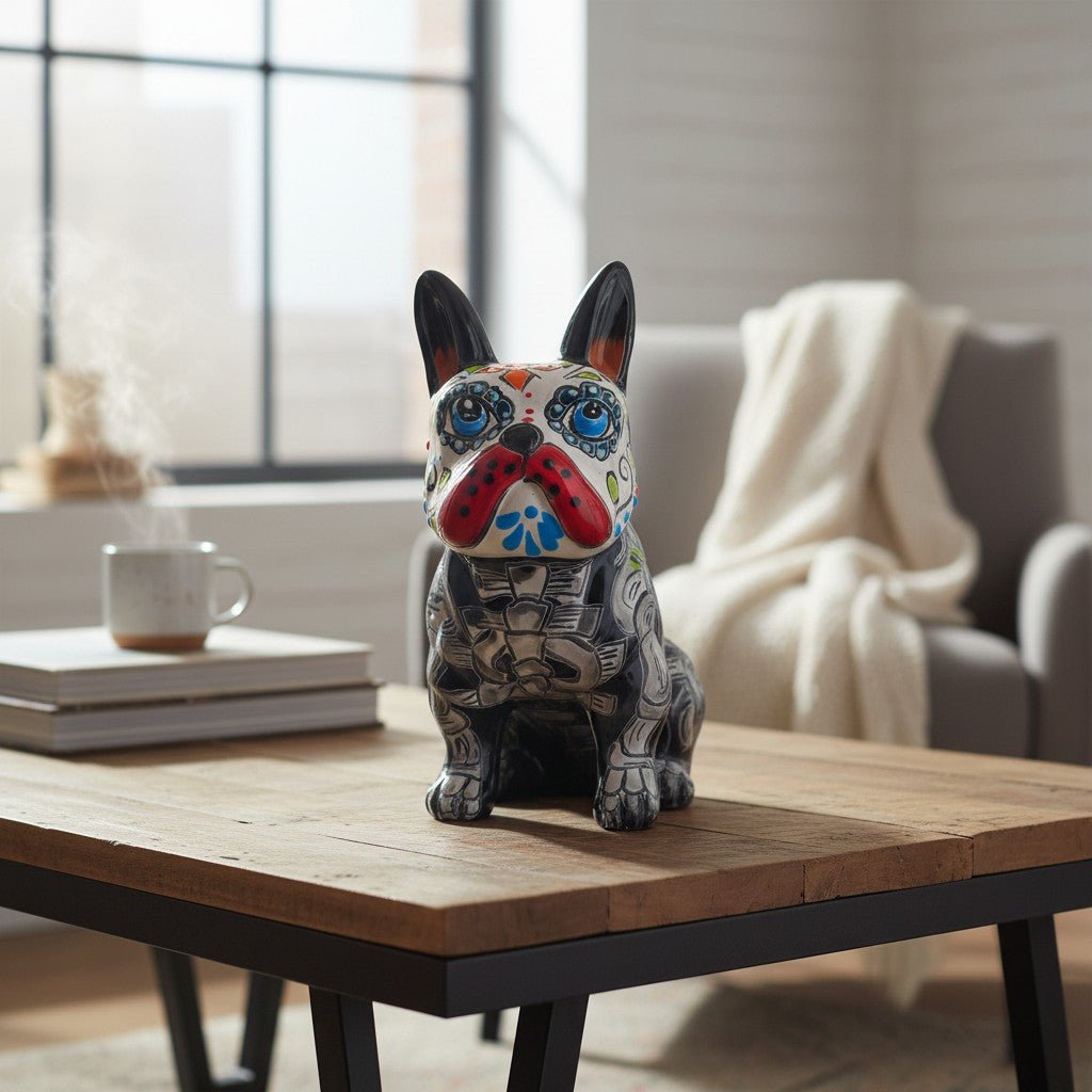 Talavera French Bulldog Statue | Day of the Dead Design Talavera Statue La Vie Bien Talavera French Bulldog Statue | Day of the Dead Design