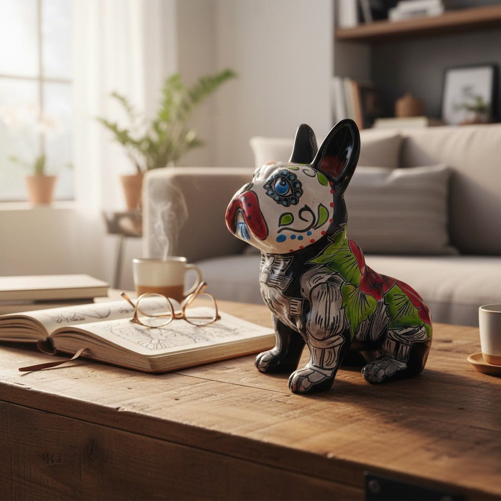 Talavera French Bulldog Statue | Day of the Dead Design Talavera Statue La Vie Bien Talavera French Bulldog Statue | Day of the Dead Design