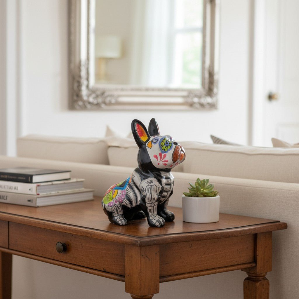 Talavera French Bulldog Statue | Day of the Dead Design Talavera Statue La Vie Bien Talavera French Bulldog Statue | Day of the Dead Design