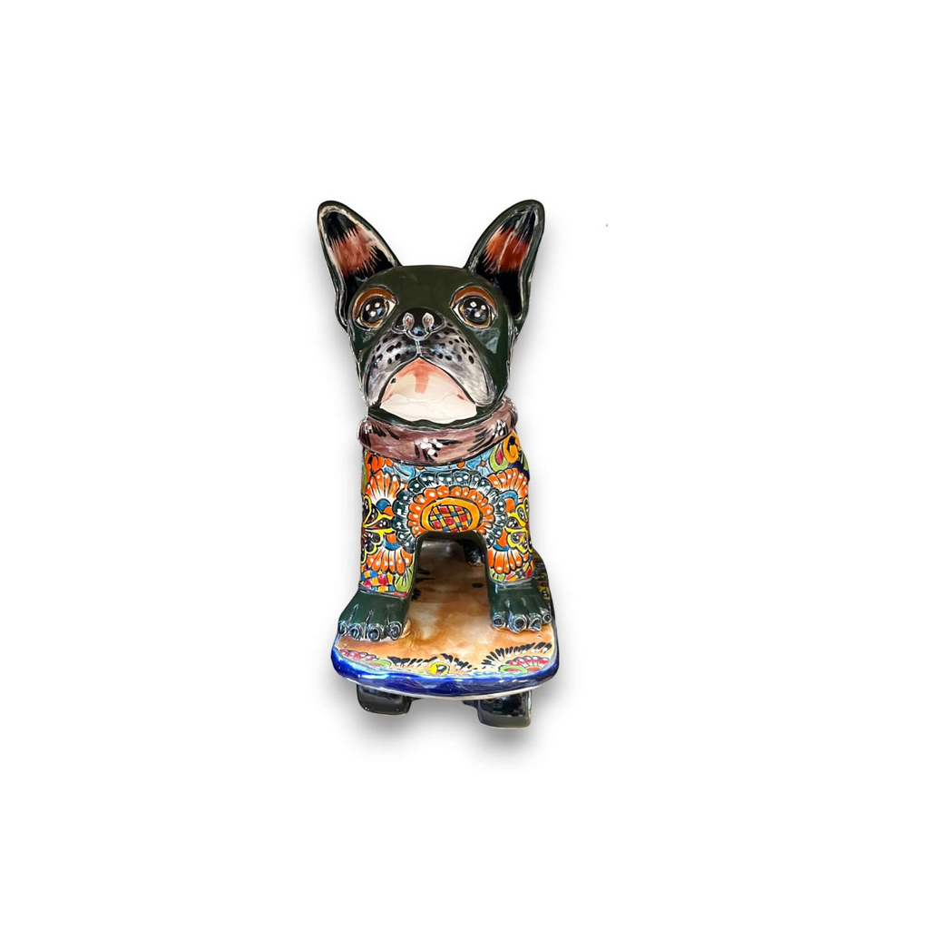 Talavera Frenchie Statue | Colorful Skateboarding Bulldog Art Talavera Statue La Vie Bien Talavera Frenchie Statue | Colorful Skateboarding Bulldog Art