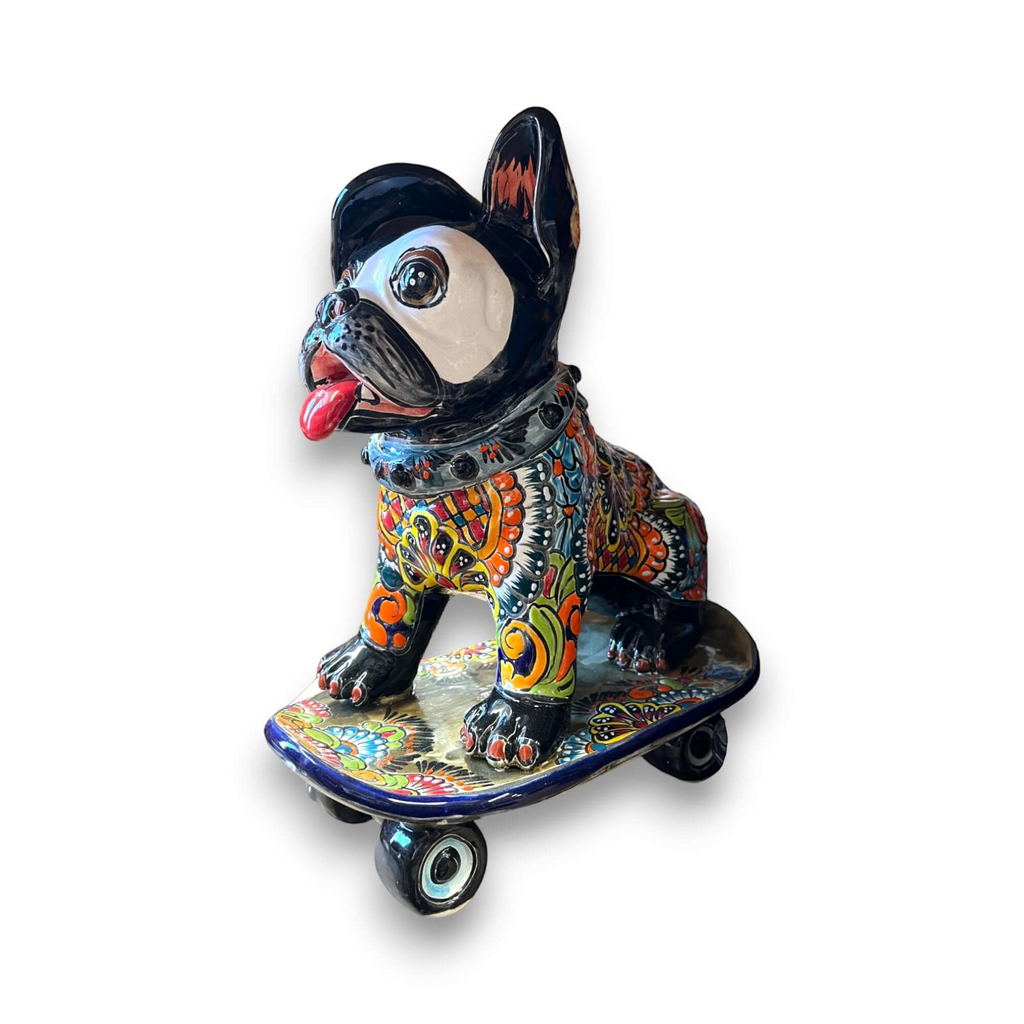 Talavera Frenchie Statue | Colorful Skateboarding Bulldog Art Talavera Statue La Vie Bien Talavera Frenchie Statue | Colorful Skateboarding Bulldog Art