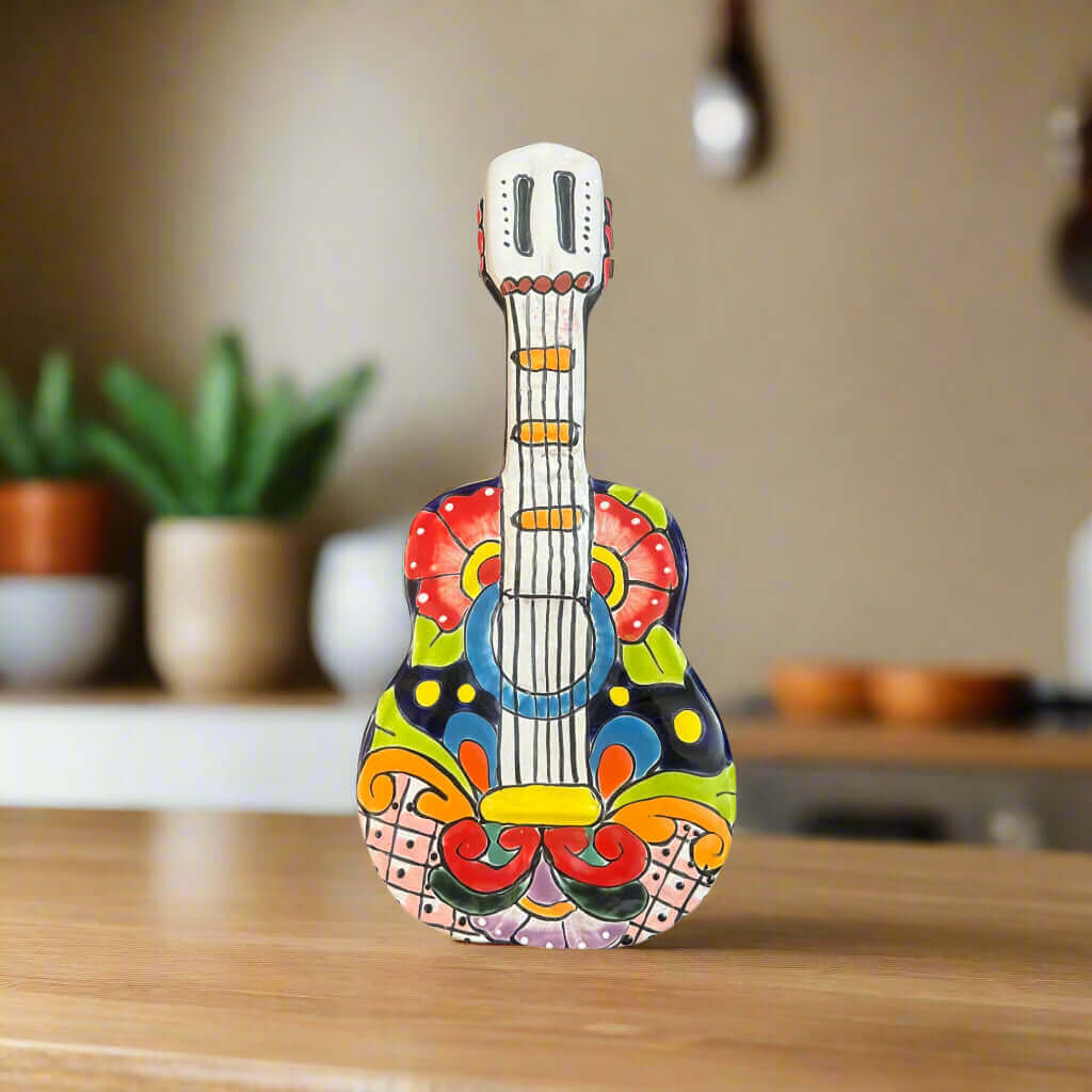 Talavera Guitar Statue | Hand - Painted Mexican Folk Art Decor Talavera Statue La Vie Bien Talavera Guitar Statue | Hand - Painted Mexican Folk Art Decor