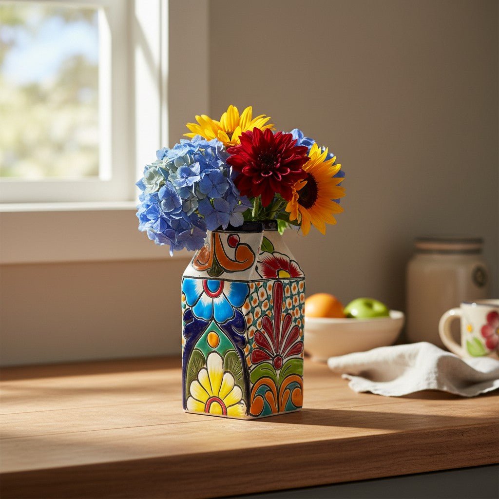 Talavera Hand - Painted Milk Carton | Colorful Mexican Container Talavera Statue La Vie Bien Talavera Hand - Painted Milk Carton | Colorful Mexican Container
