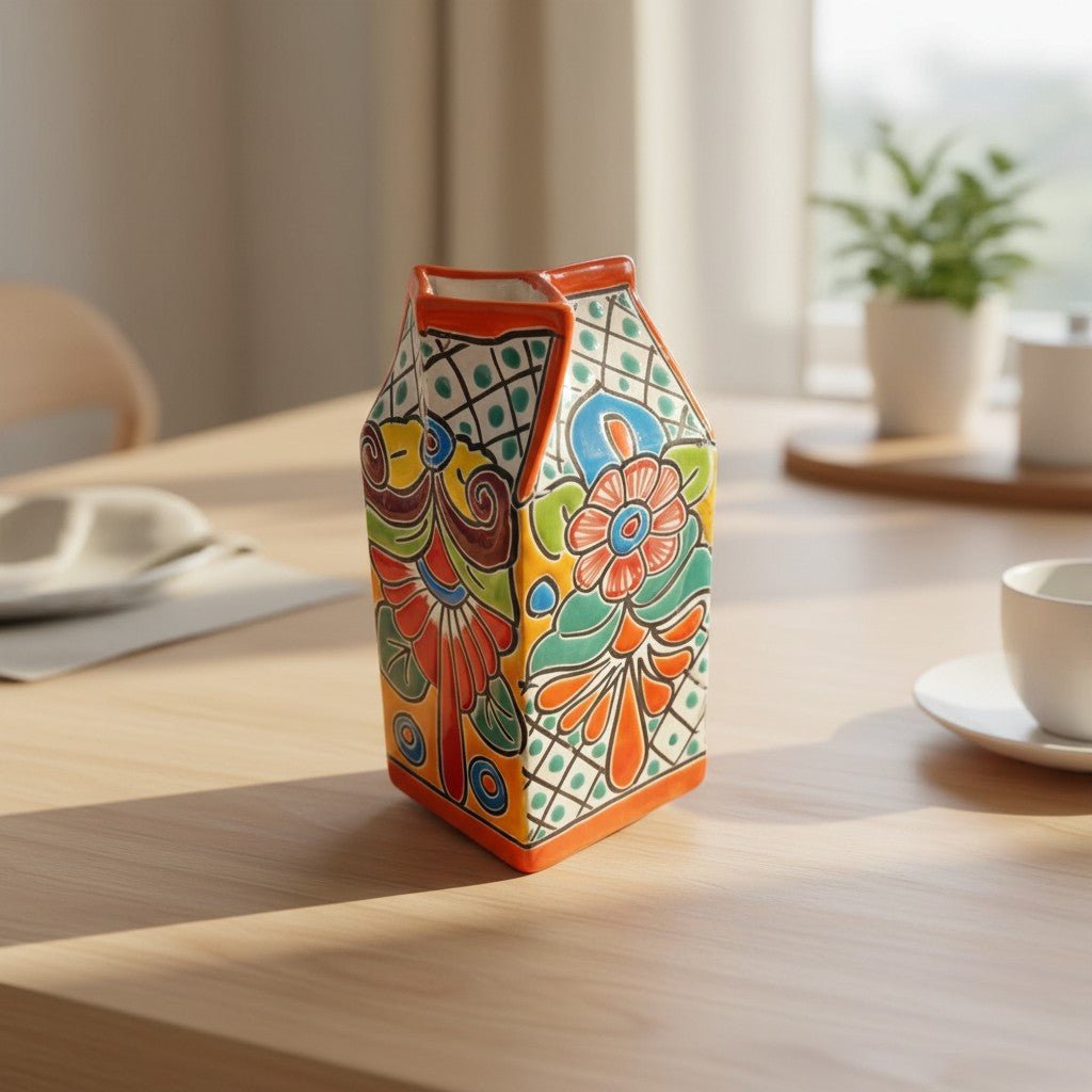 Talavera Hand - Painted Milk Carton | Colorful Mexican Container Talavera Statue La Vie Bien Talavera Hand - Painted Milk Carton | Colorful Mexican Container