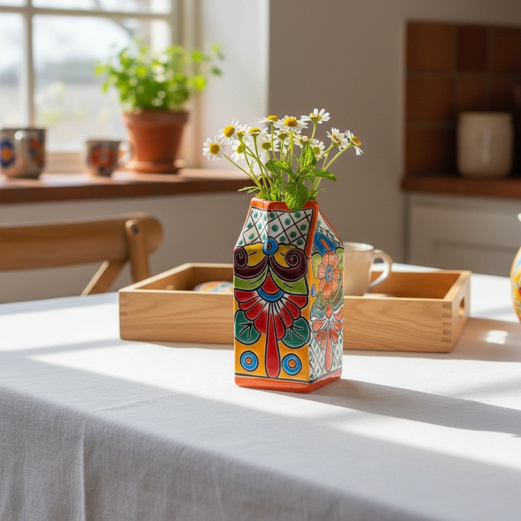 Talavera Hand - Painted Milk Carton | Colorful Mexican Container Talavera Statue La Vie Bien Talavera Hand - Painted Milk Carton | Colorful Mexican Container
