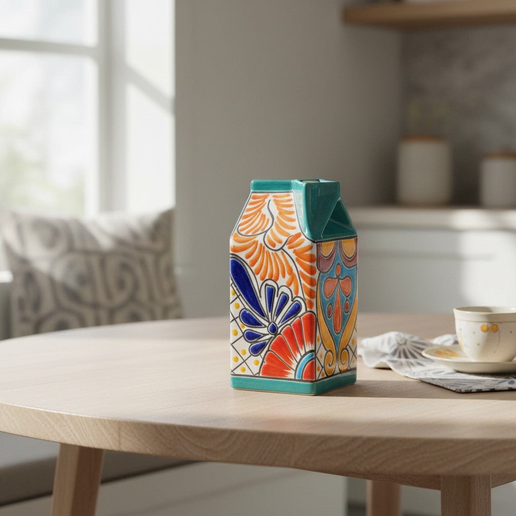 Talavera Hand - Painted Milk Carton | Colorful Mexican Container Talavera Statue La Vie Bien Talavera Hand - Painted Milk Carton | Colorful Mexican Container
