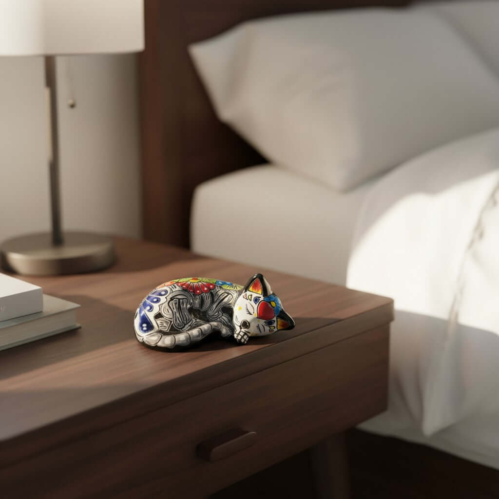 Talavera Sleeping Cat Figurine | Hand-Painted Mexican Decor