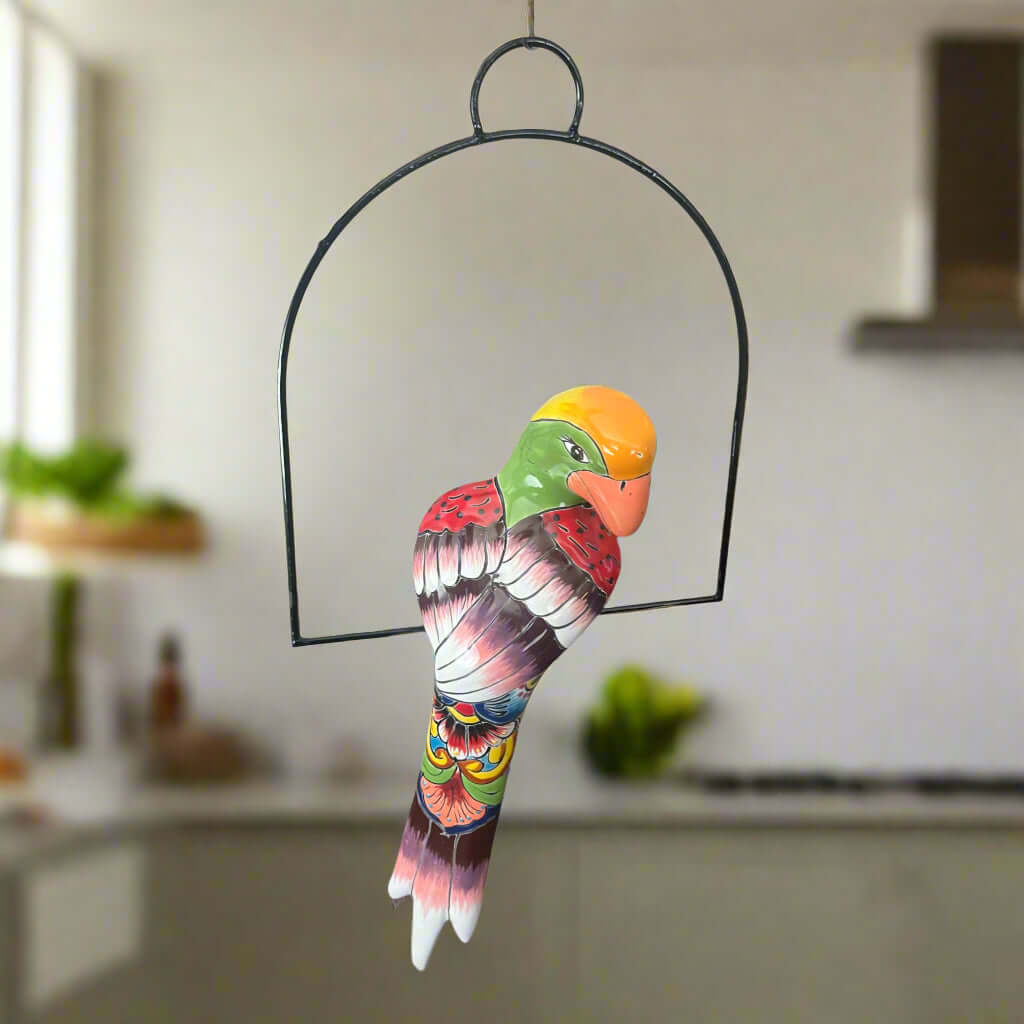 Talavera Hanging Parrot | Colorful Mexican Bird Talavera Statue La Vie Bien Talavera Hanging Parrot | Colorful Mexican Bird