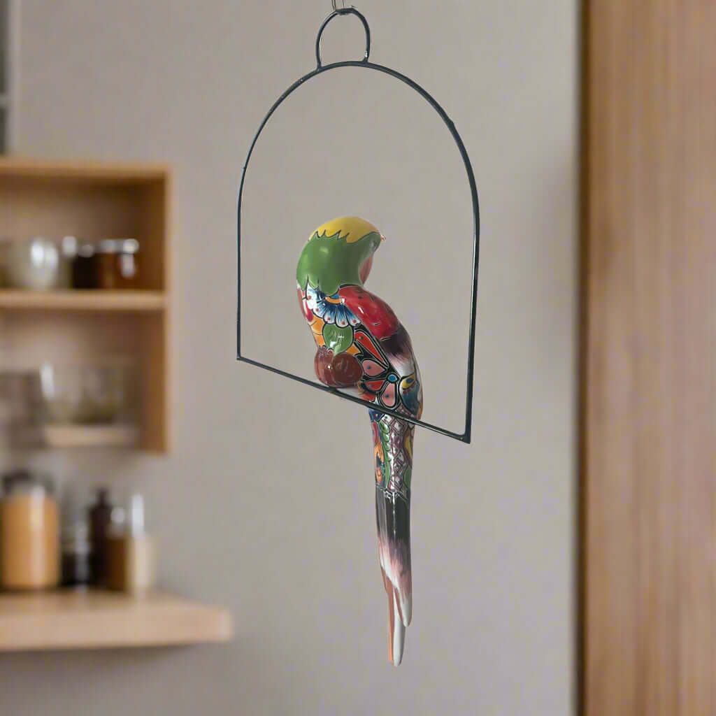 Talavera Hanging Parrot | Colorful Mexican Bird Talavera Statue La Vie Bien Talavera Hanging Parrot | Colorful Mexican Bird