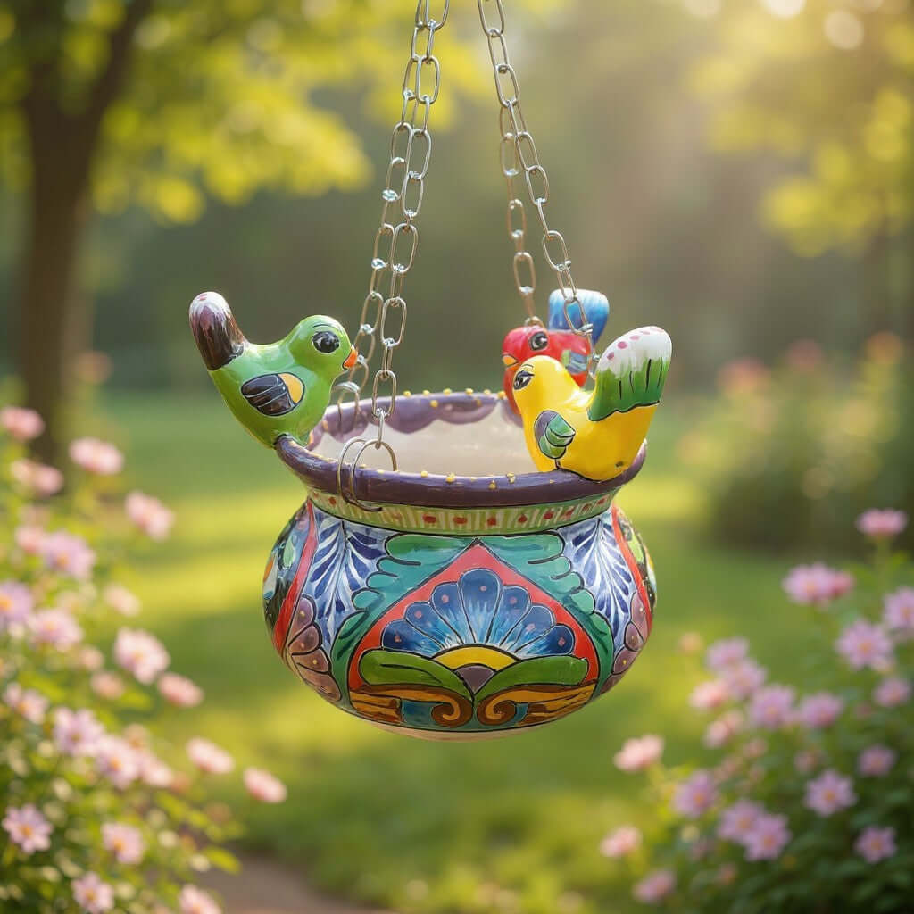 Talavera Hanging Planter with Birds | Small Handmade Ceramic Pot Talavera Planter La Vie Bien Talavera Hanging Planter with Birds | Small Handmade Ceramic Pot