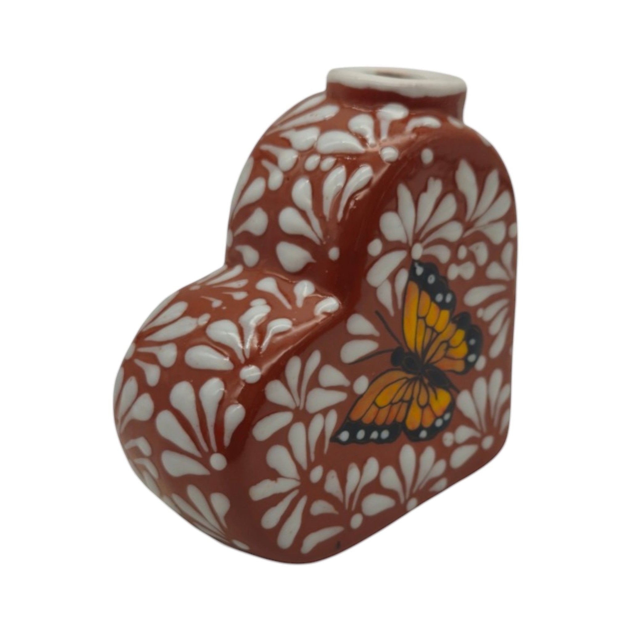 Talavera Heart Vase | Brown & White Butterfly Design Talavera Planter La Vie Bien Talavera Heart Vase | Brown & White Butterfly Design
