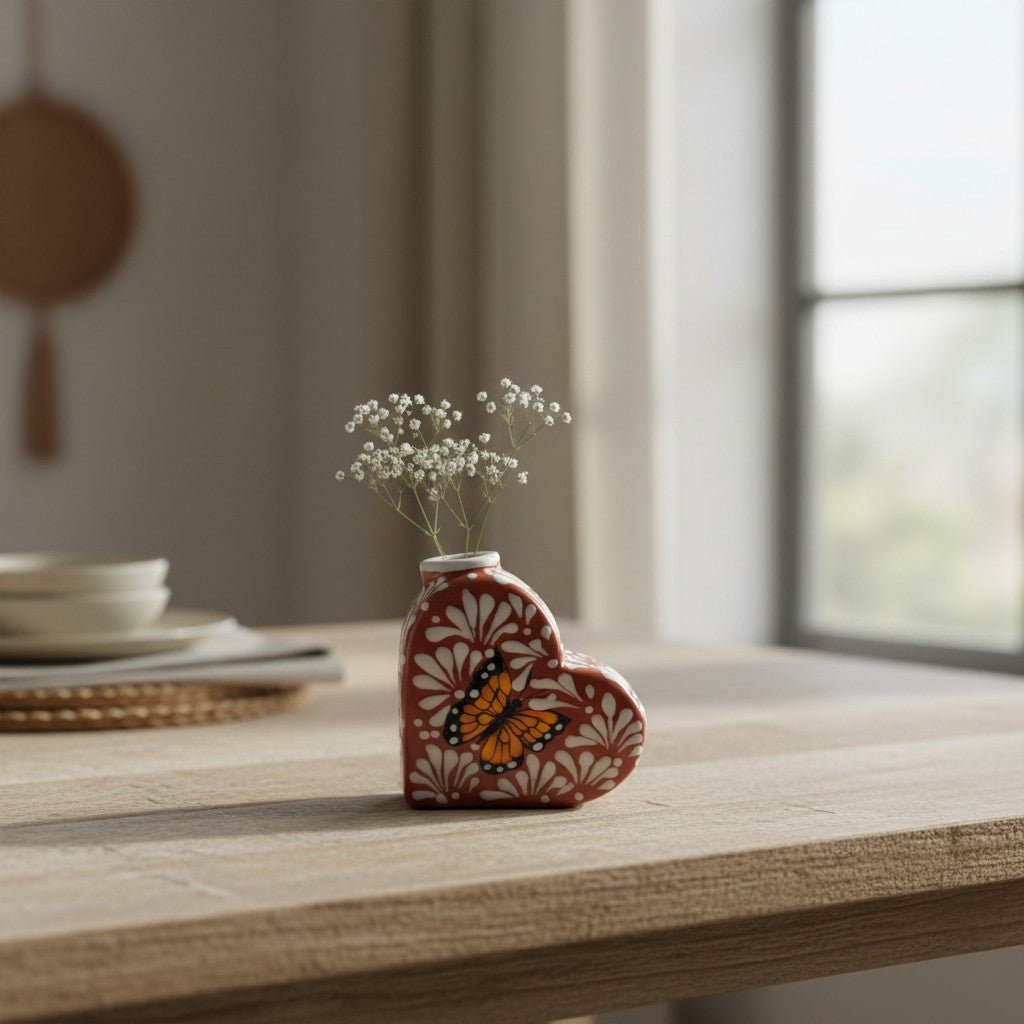 Talavera Heart Vase | Brown & White Butterfly Design Talavera Planter La Vie Bien Talavera Heart Vase | Brown & White Butterfly Design