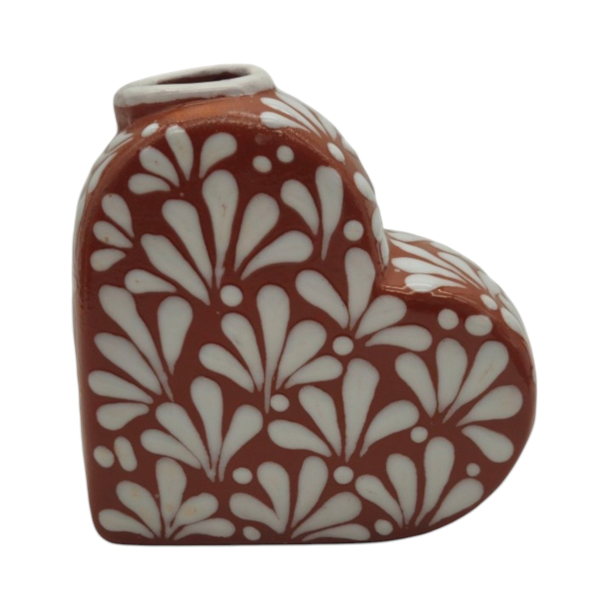 Talavera Heart Vase | Brown & White Butterfly Design Talavera Planter La Vie Bien Talavera Heart Vase | Brown & White Butterfly Design