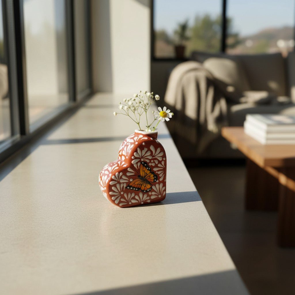 Talavera Heart Vase | Brown & White Butterfly Design Talavera Planter La Vie Bien Talavera Heart Vase | Brown & White Butterfly Design