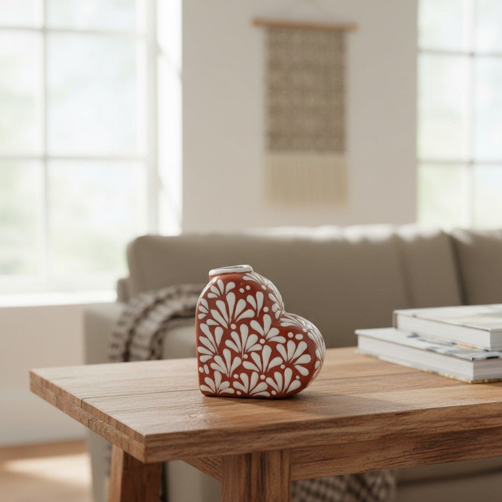 Talavera Heart Vase | Brown & White Butterfly Design Talavera Planter La Vie Bien Talavera Heart Vase | Brown & White Butterfly Design