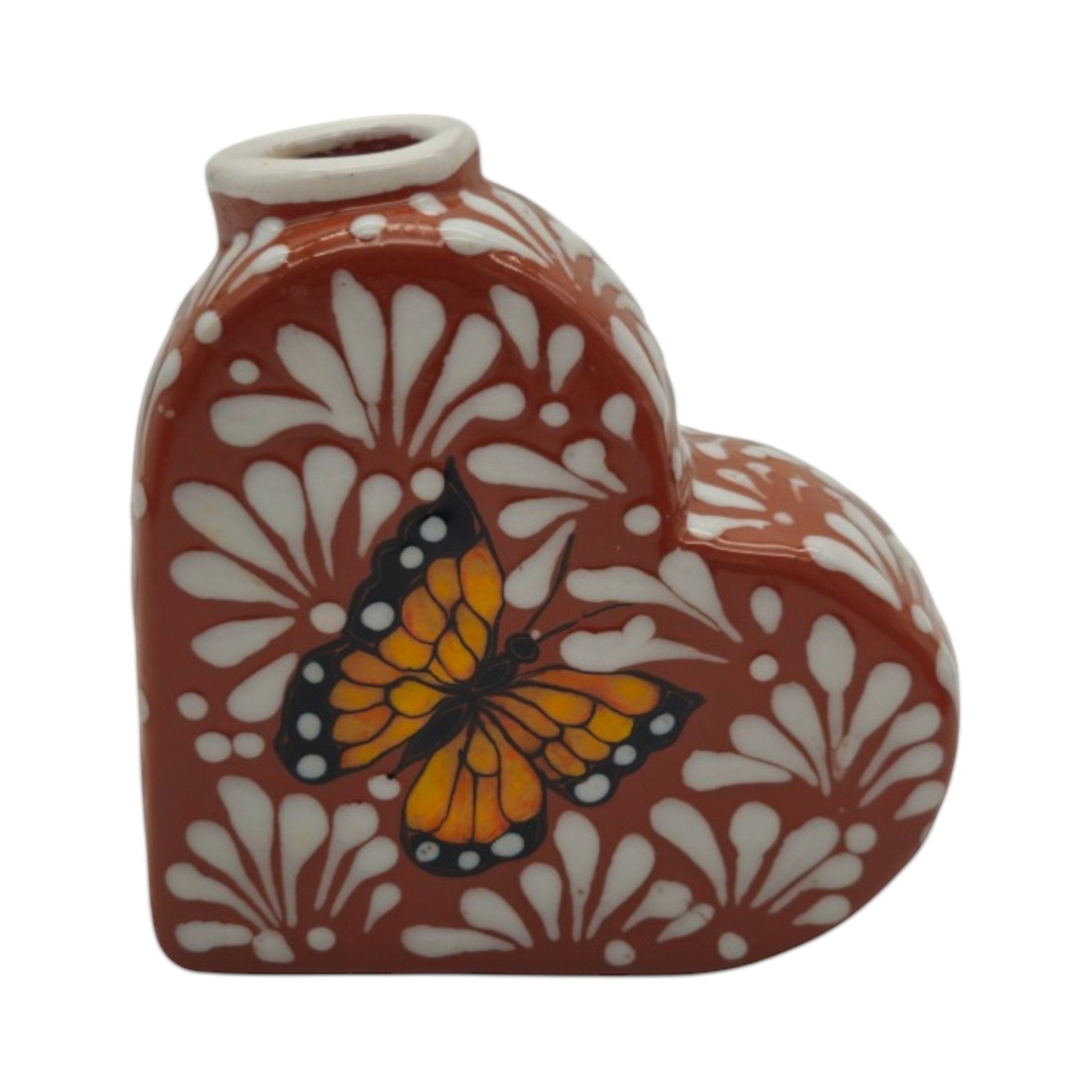 Talavera Heart Vase | Brown & White Butterfly Design Talavera Planter La Vie Bien Talavera Heart Vase | Brown & White Butterfly Design