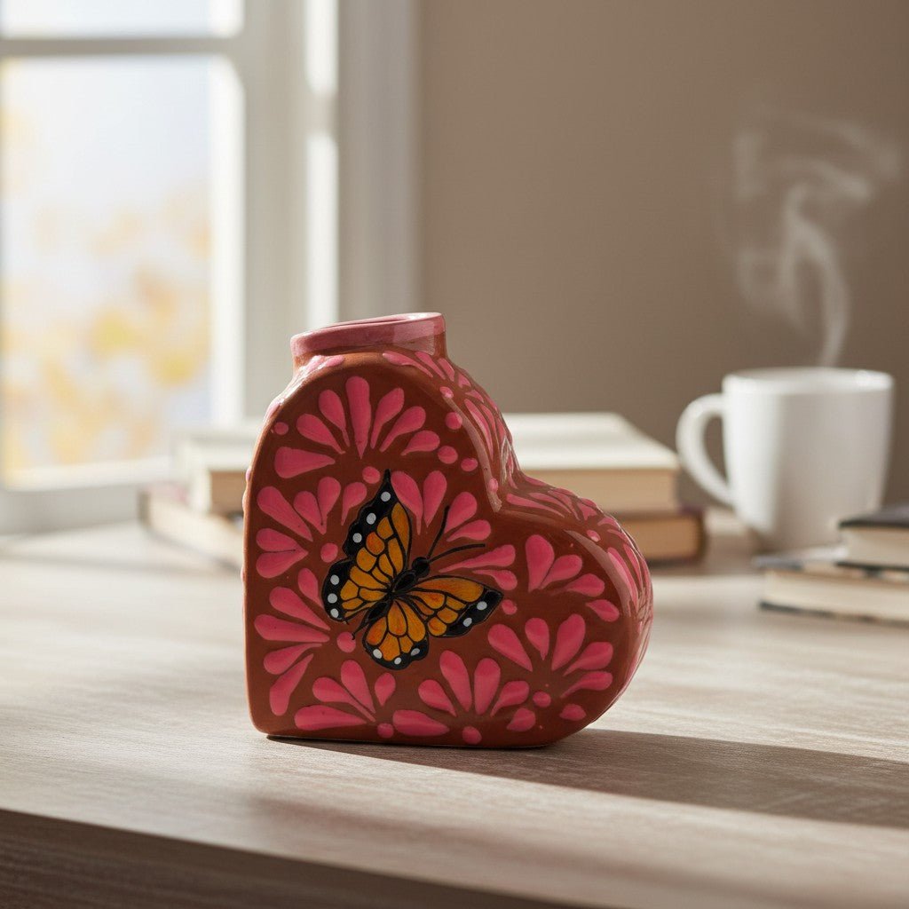 Talavera Heart Vase | Pink Monarch Butterfly Design Talavera Planter La Vie Bien Talavera Heart Vase | Pink Monarch Butterfly Design