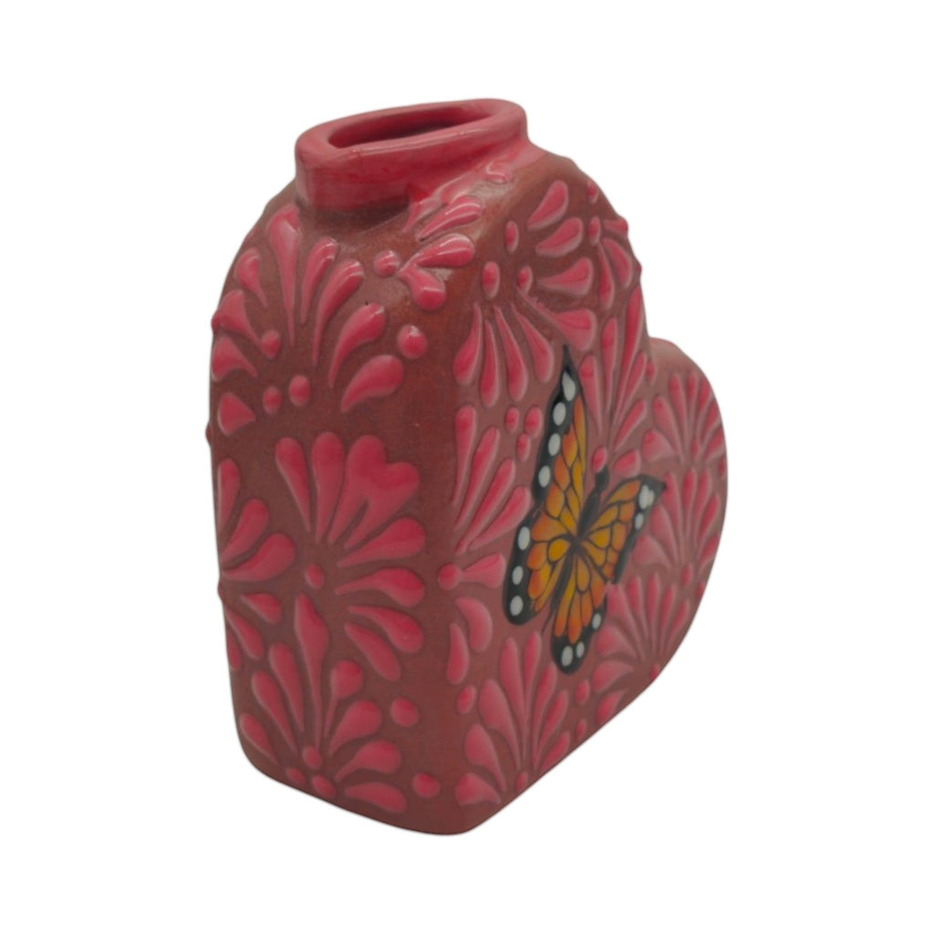 Talavera Heart Vase | Pink Monarch Butterfly Design Talavera Planter La Vie Bien Talavera Heart Vase | Pink Monarch Butterfly Design