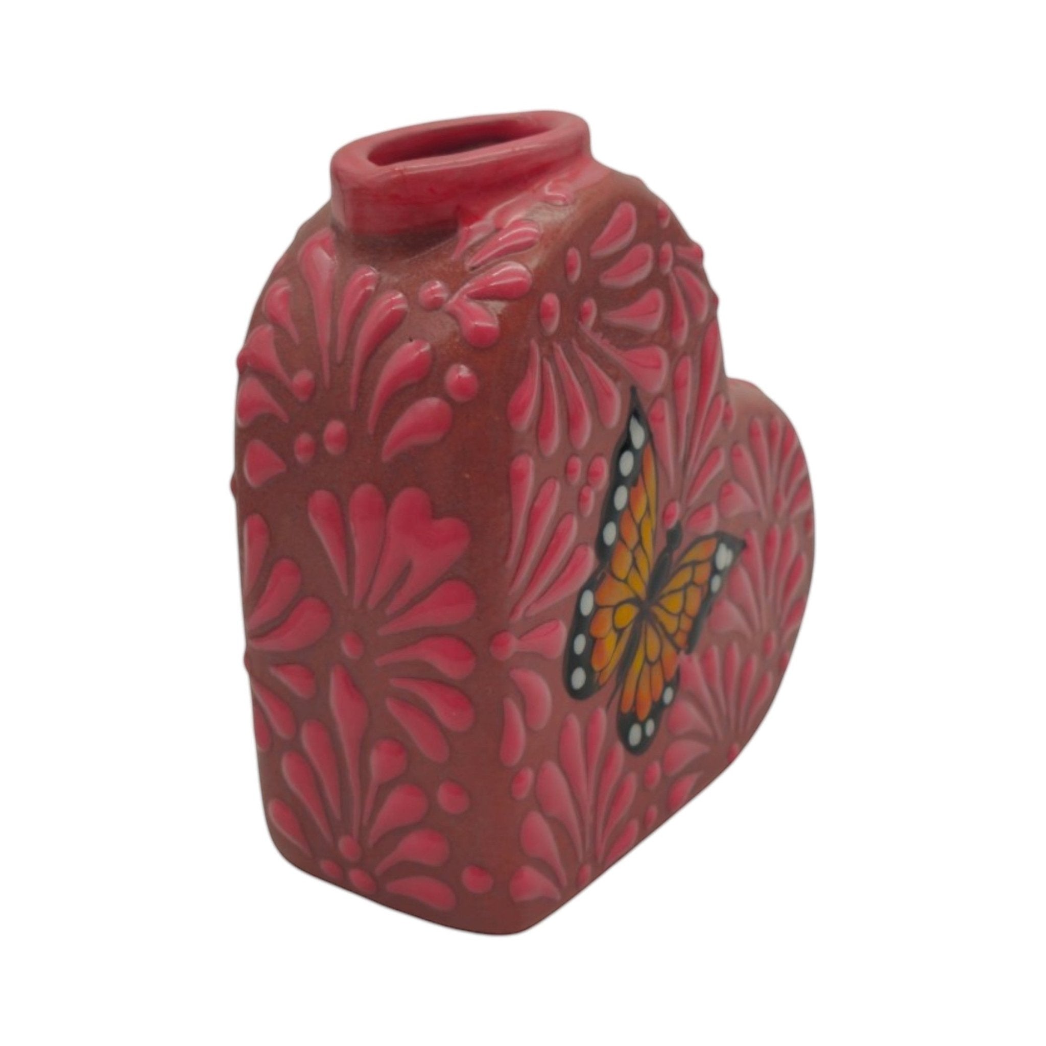 Talavera Heart Vase | Pink Monarch Butterfly Design Talavera Planter La Vie Bien Talavera Heart Vase | Pink Monarch Butterfly Design