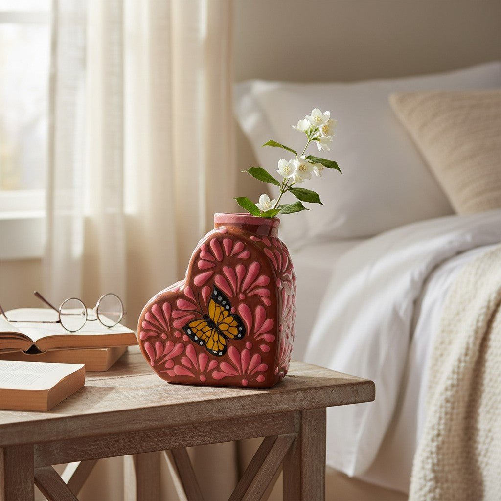 Talavera Heart Vase | Pink Monarch Butterfly Design Talavera Planter La Vie Bien Talavera Heart Vase | Pink Monarch Butterfly Design