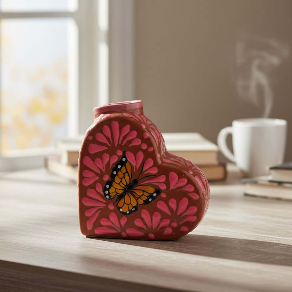Talavera Heart Vase | Pink Monarch Butterfly Design Talavera Planter La Vie Bien Talavera Heart Vase | Pink Monarch Butterfly Design