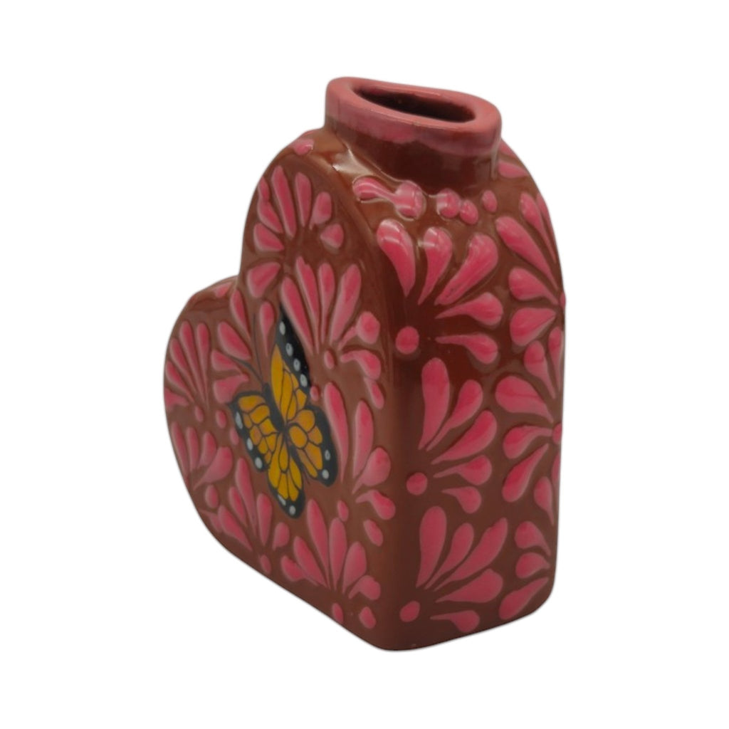 Talavera Heart Vase | Pink Monarch Butterfly Design Talavera Planter La Vie Bien Talavera Heart Vase | Pink Monarch Butterfly Design