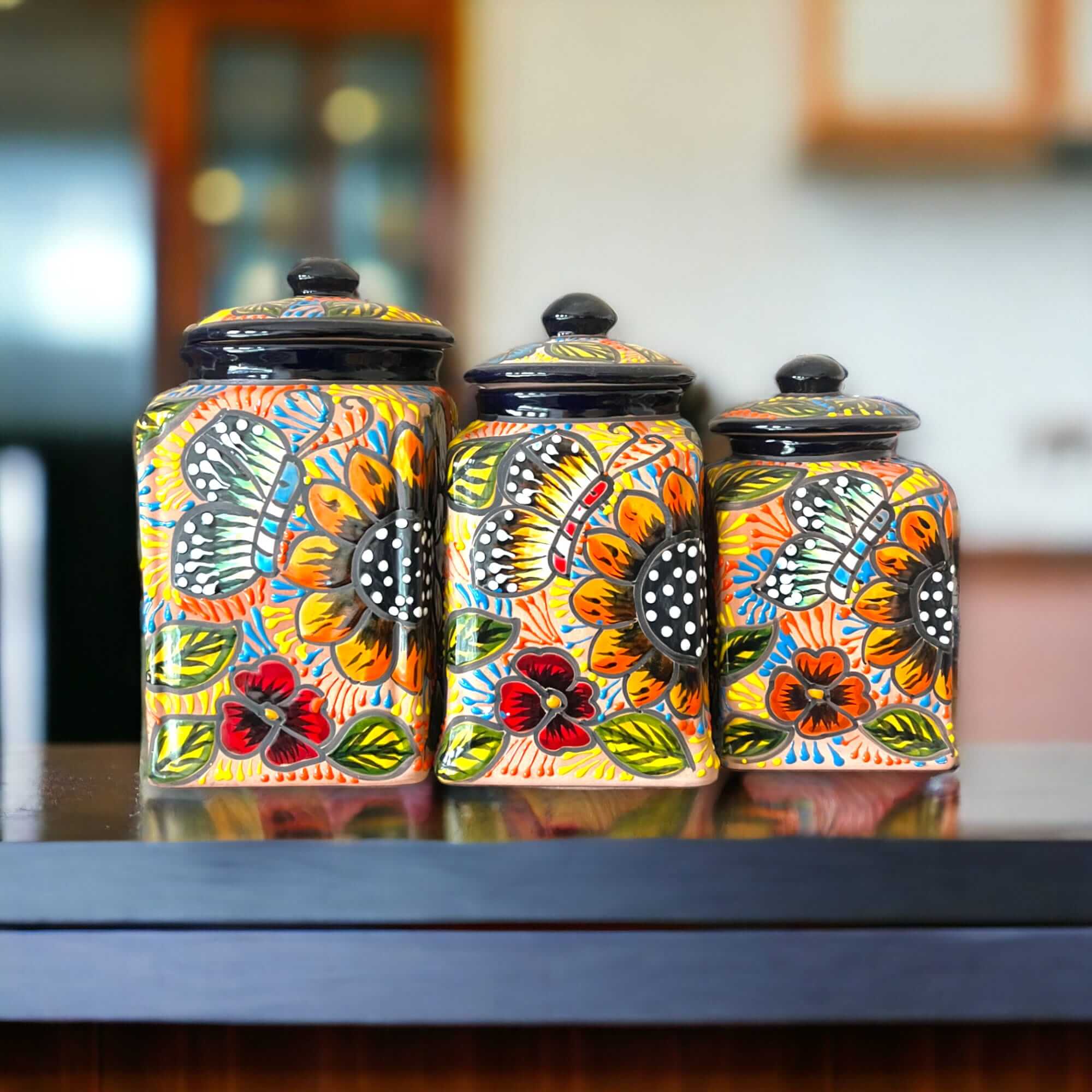 Talavera Kitchen Canister Set | Terracotta Mexican Pottery Trio Talavera Canister Set La Vie Bien Talavera Kitchen Canister Set | Terracotta Mexican Pottery Trio