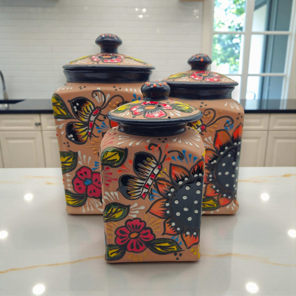 Talavera Kitchen Canister Set | Terracotta Mexican Pottery Trio Talavera Canister Set La Vie Bien Talavera Kitchen Canister Set | Terracotta Mexican Pottery Trio