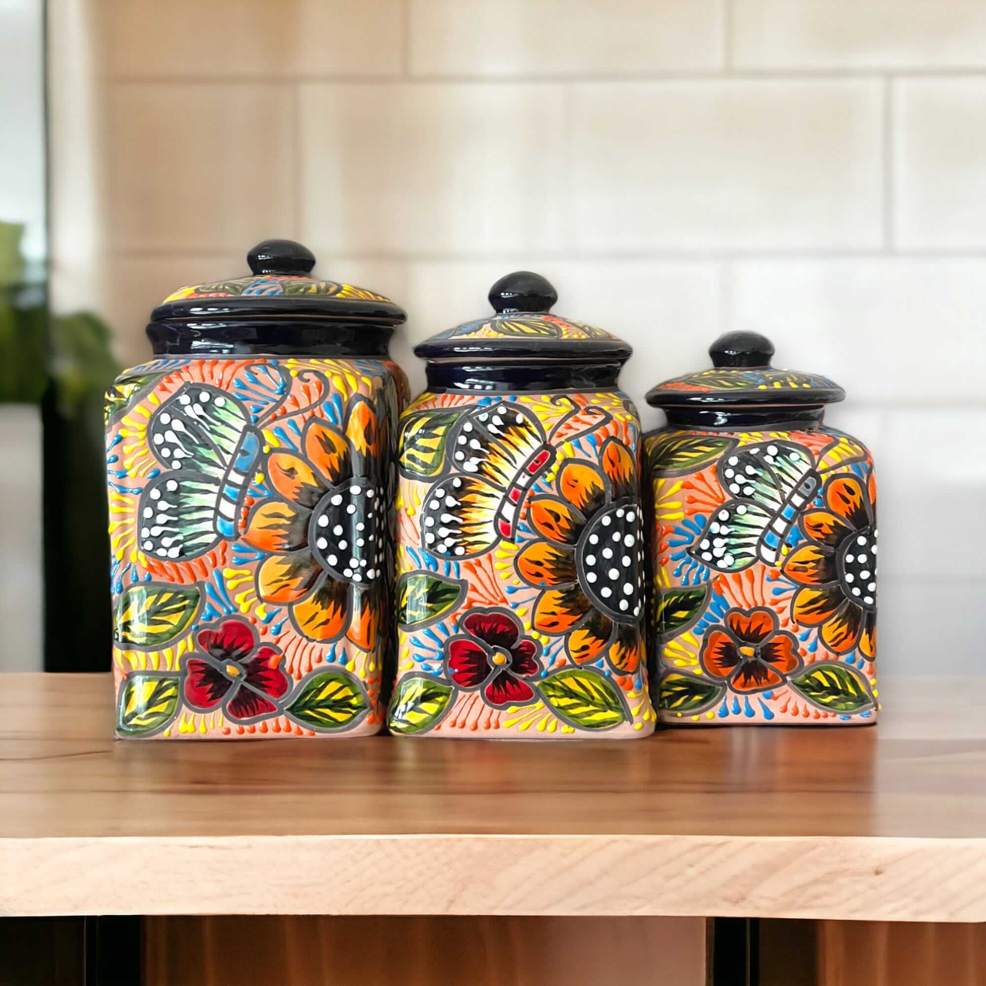 Talavera Kitchen Canister Set | Terracotta Mexican Pottery Trio Talavera Canister Set La Vie Bien Talavera Kitchen Canister Set | Terracotta Mexican Pottery Trio