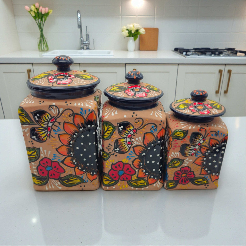 Talavera Kitchen Canister Set | Terracotta Mexican Pottery Trio Talavera Canister Set La Vie Bien Talavera Kitchen Canister Set | Terracotta Mexican Pottery Trio