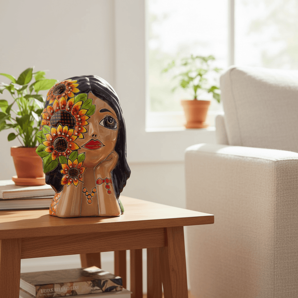 Talavera Lady Face Planter | Sunflower Design Talavera Planter La Vie Bien Talavera Lady Face Planter | Sunflower Design