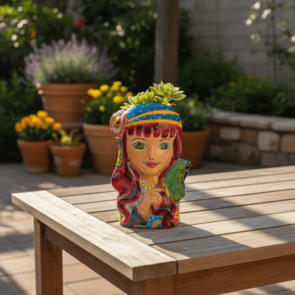 Talavera Lady Head Planter | Butterfly Design Talavera Planter La Vie Bien Talavera Lady Head Planter | Butterfly Design