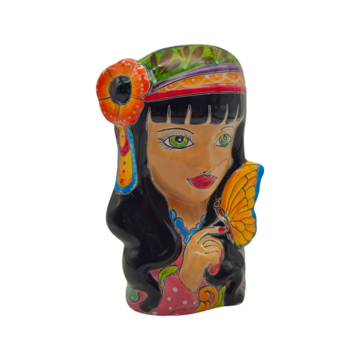 Talavera Lady Head Planter | Butterfly Design Talavera Planter La Vie Bien Talavera Lady Head Planter | Butterfly Design