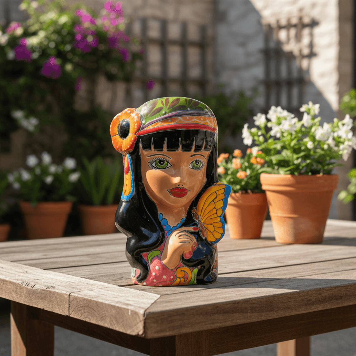 Talavera Lady Head Planter | Butterfly Design Talavera Planter La Vie Bien Talavera Lady Head Planter | Butterfly Design