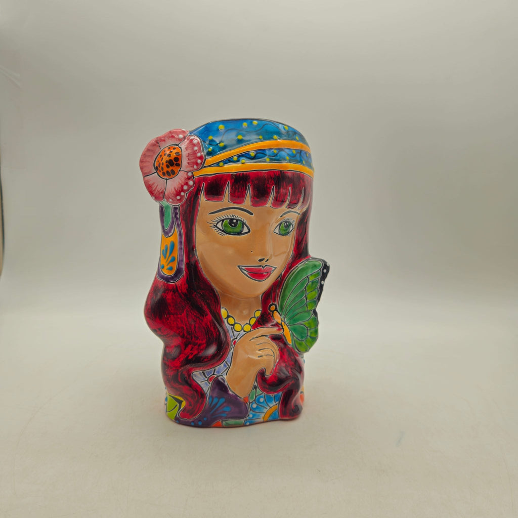 Talavera Lady Head Planter | Butterfly Design