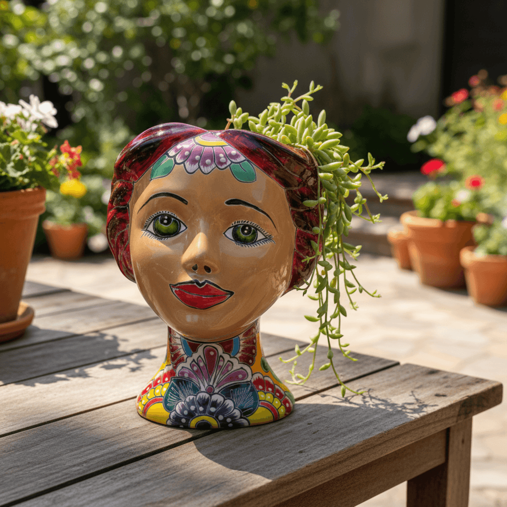 Talavera Lady Head Planter | Floral Folk Art Talavera Planter La Vie Bien Talavera Lady Head Planter | Floral Folk Art