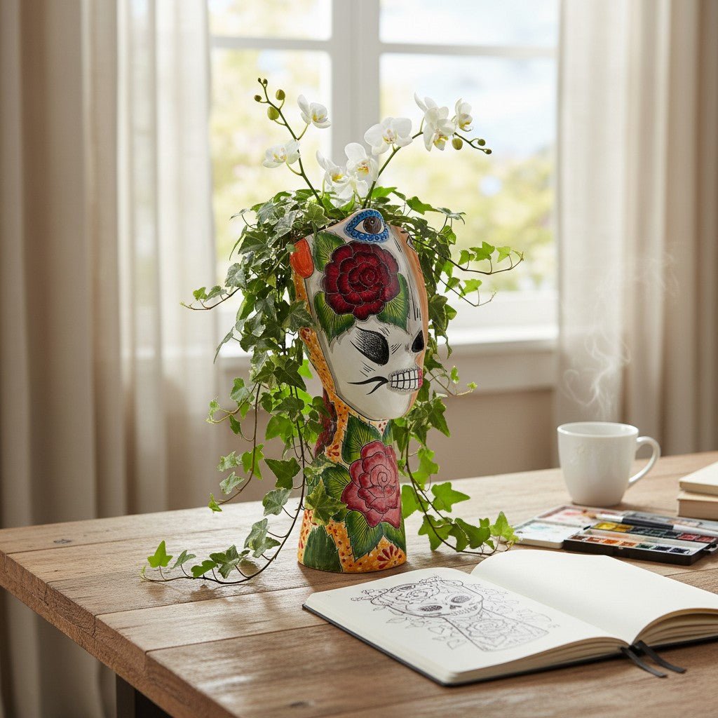 Talavera Lady Planter | Day of the Dead Face Design Talavera Planter La Vie Bien Talavera Lady Planter | Day of the Dead Face Design
