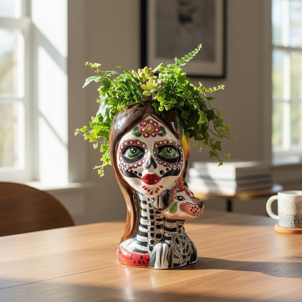 Talavera Lady Skull Planter | Colorful Day of the Dead Pot with Dog Talavera Planter La Vie Bien Talavera Lady Skull Planter | Colorful Day of the Dead Pot with Dog