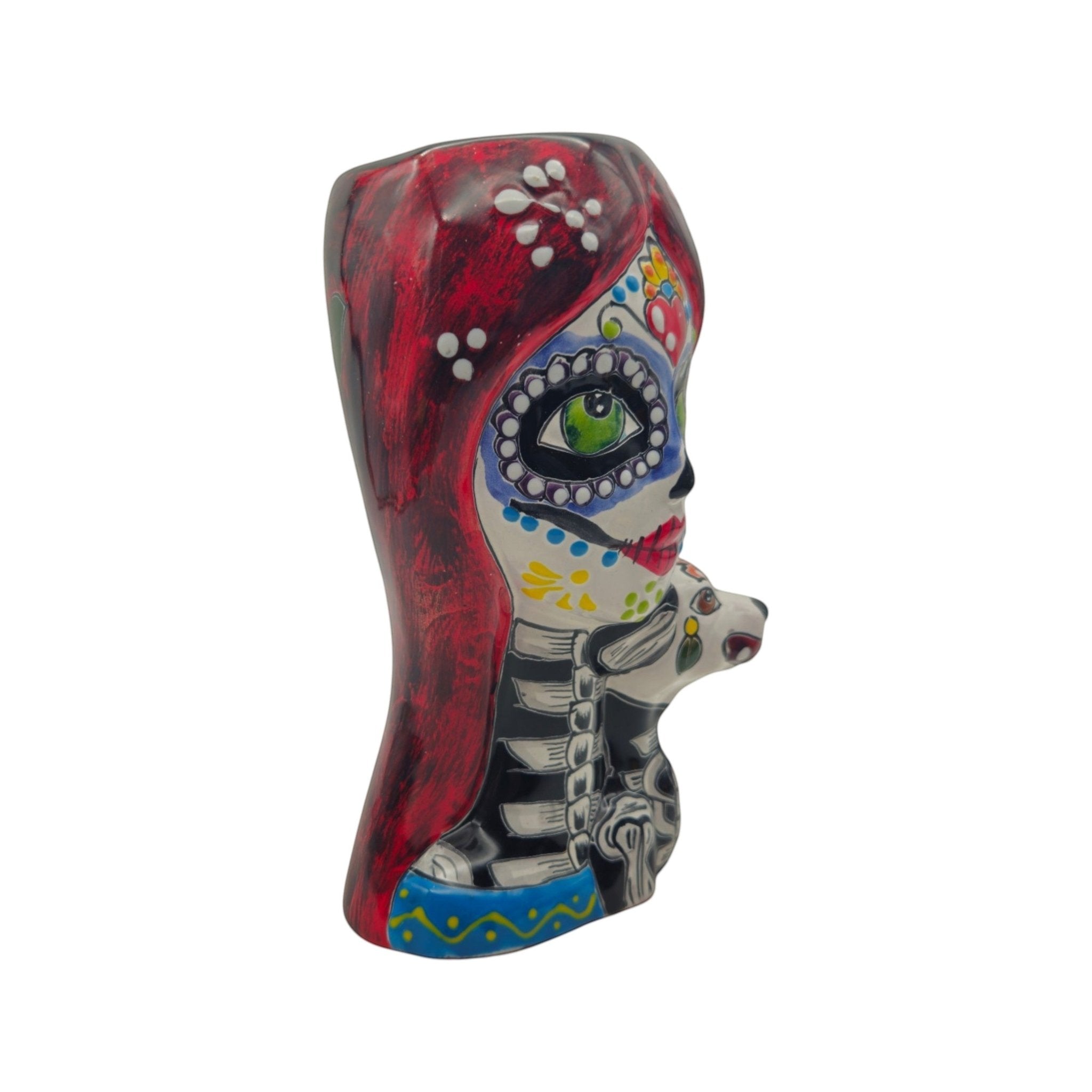 Talavera Lady Skull Planter | Colorful Day of the Dead Pot with Dog Talavera Planter La Vie Bien Talavera Lady Skull Planter | Colorful Day of the Dead Pot with Dog