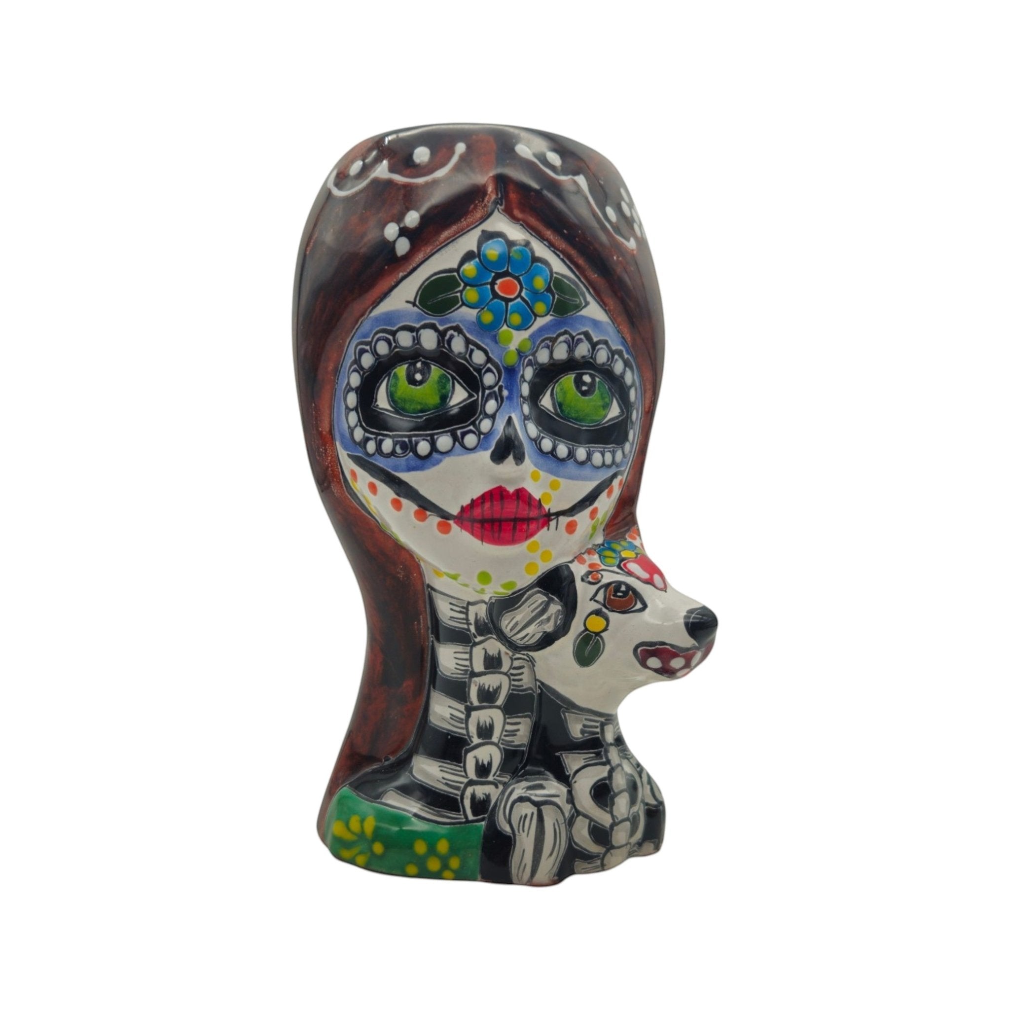 Talavera Lady Skull Planter | Colorful Day of the Dead Pot with Dog Talavera Planter La Vie Bien Talavera Lady Skull Planter | Colorful Day of the Dead Pot with Dog