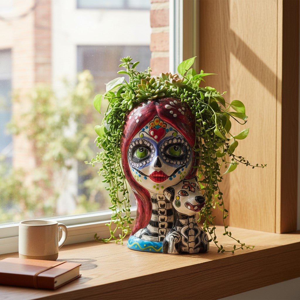 Talavera Lady Skull Planter | Colorful Day of the Dead Pot with Dog Talavera Planter La Vie Bien Talavera Lady Skull Planter | Colorful Day of the Dead Pot with Dog