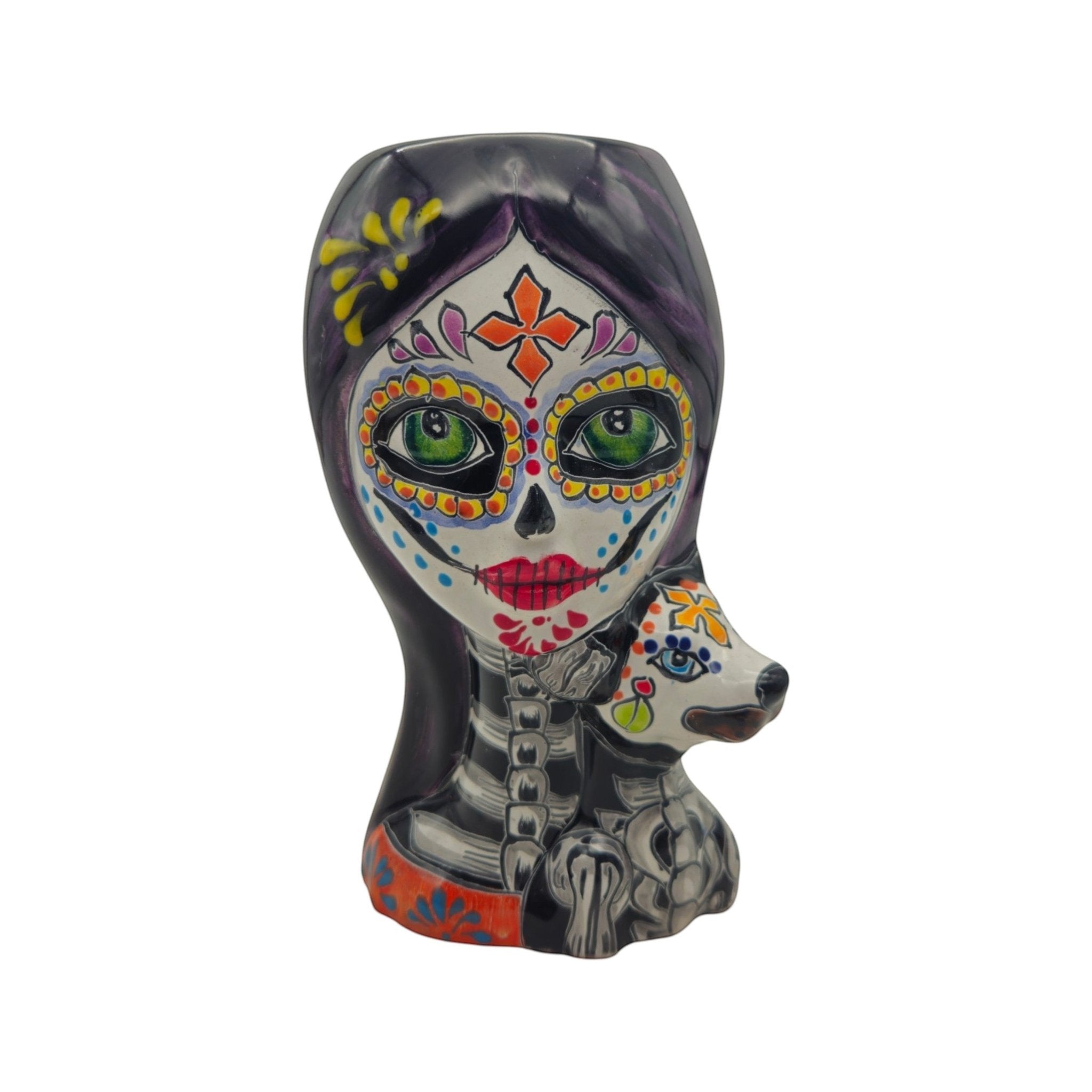 Talavera Lady Skull Planter | Colorful Day of the Dead Pot with Dog Talavera Planter La Vie Bien Talavera Lady Skull Planter | Colorful Day of the Dead Pot with Dog