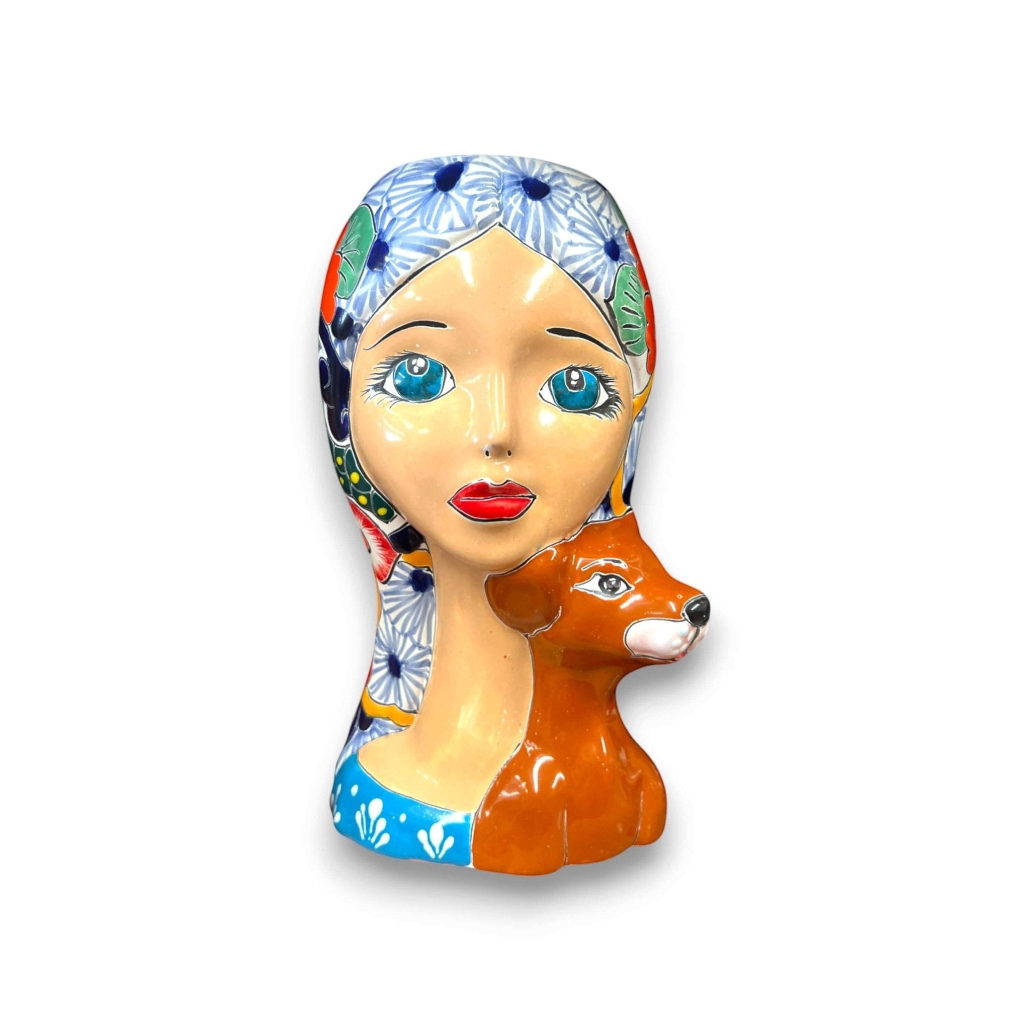 Talavera Lady Skull Planter | Colorful Day of the Dead Pot with Dog Talavera Planter La Vie Bien Talavera Lady Skull Planter | Colorful Day of the Dead Pot with Dog