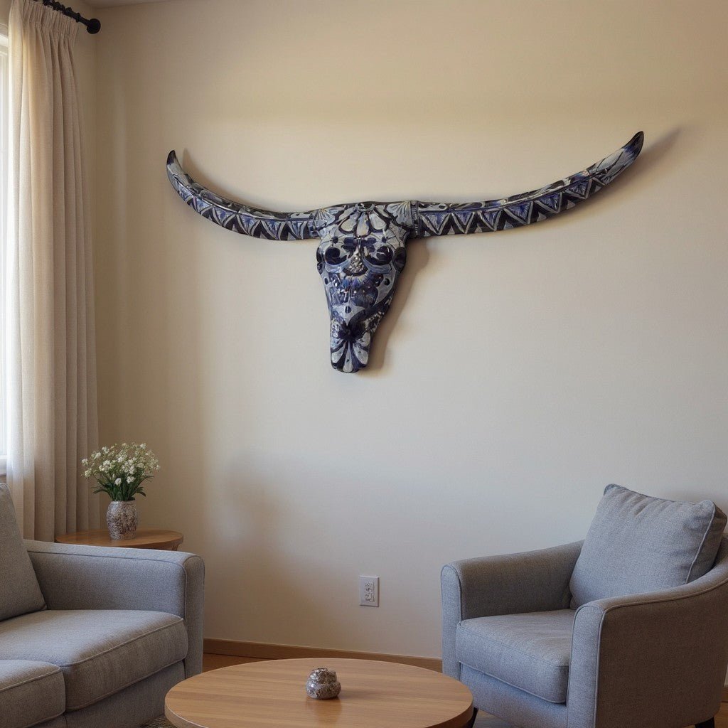 Talavera Longhorn Skull | Blue & White Mexican Wall Art Talavera Wall Art La Vie Bien Talavera Longhorn Skull | Blue & White Mexican Wall Art