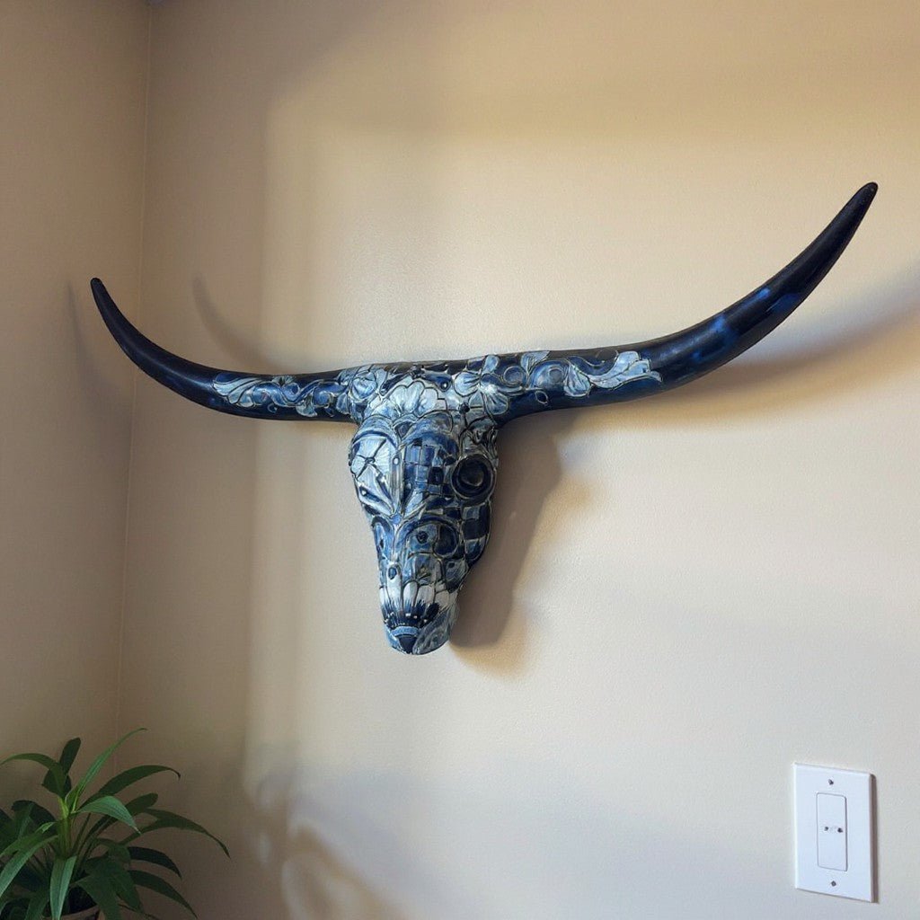 Talavera Longhorn Skull | Blue & White Mexican Wall Art Talavera Wall Art La Vie Bien Talavera Longhorn Skull | Blue & White Mexican Wall Art