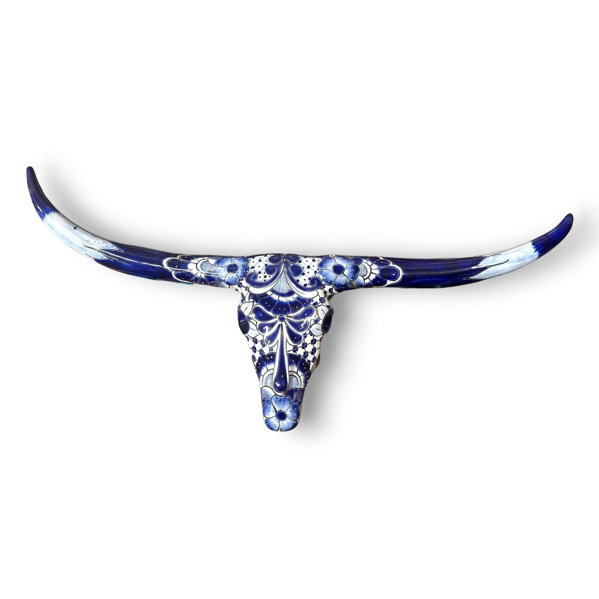 Talavera Longhorn Skull | Blue & White Mexican Wall Art Talavera Wall Art La Vie Bien Talavera Longhorn Skull | Blue & White Mexican Wall Art