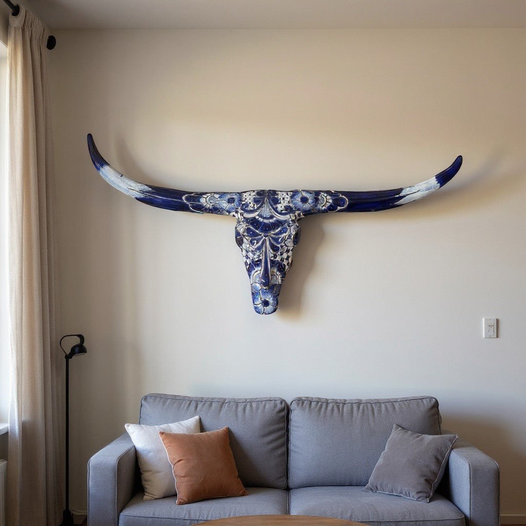 Talavera Longhorn Skull | Blue & White Mexican Wall Art Talavera Wall Art La Vie Bien Talavera Longhorn Skull | Blue & White Mexican Wall Art