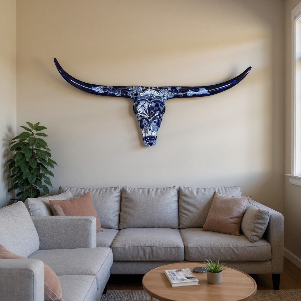 Talavera Longhorn Skull | Blue & White Mexican Wall Art Talavera Wall Art La Vie Bien Talavera Longhorn Skull | Blue & White Mexican Wall Art