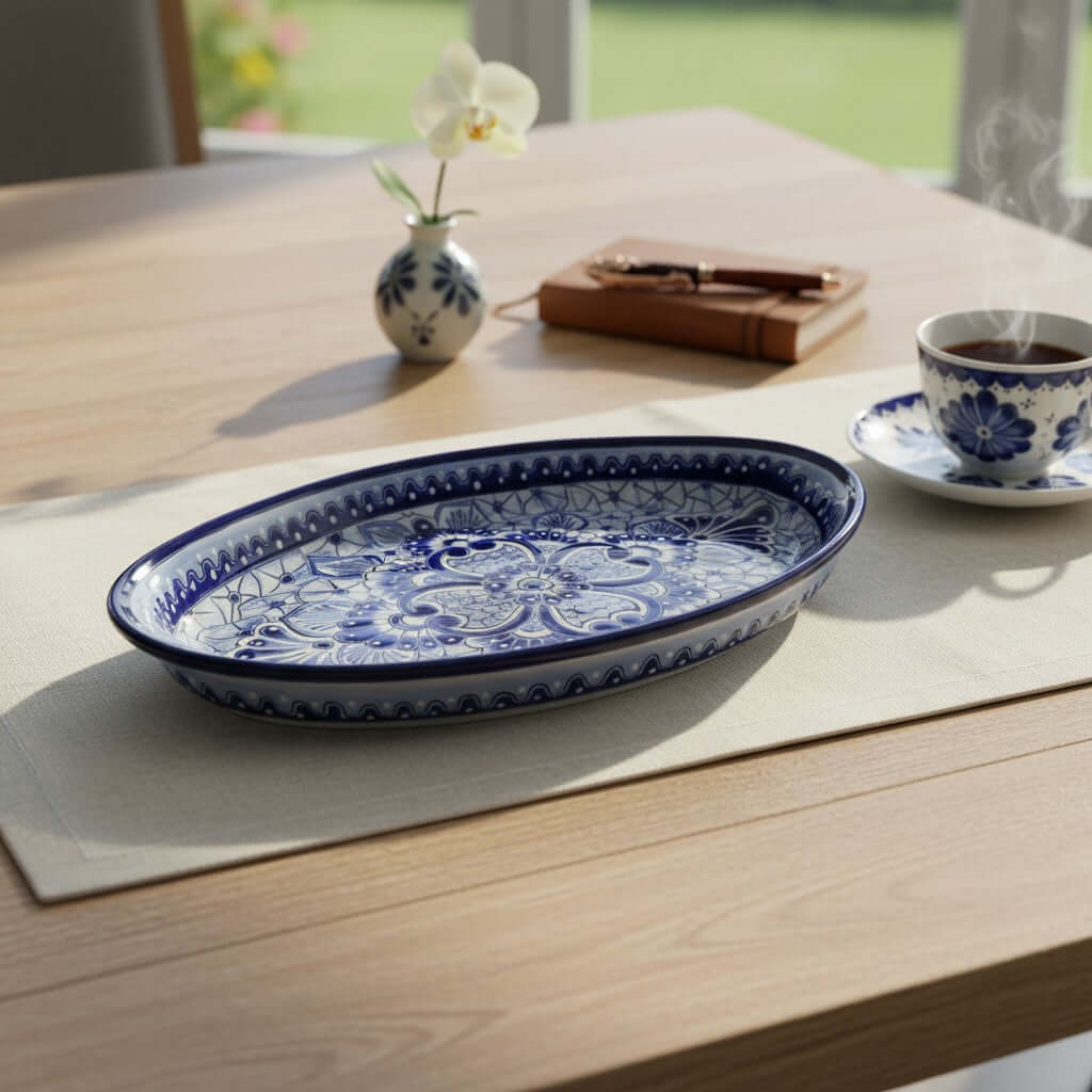 Talavera Oval Serving Platter | Blue & White Mexican Kitchenware Talavera Oval Platter La Vie Bien Talavera Oval Serving Platter | Blue & White Mexican Kitchenware